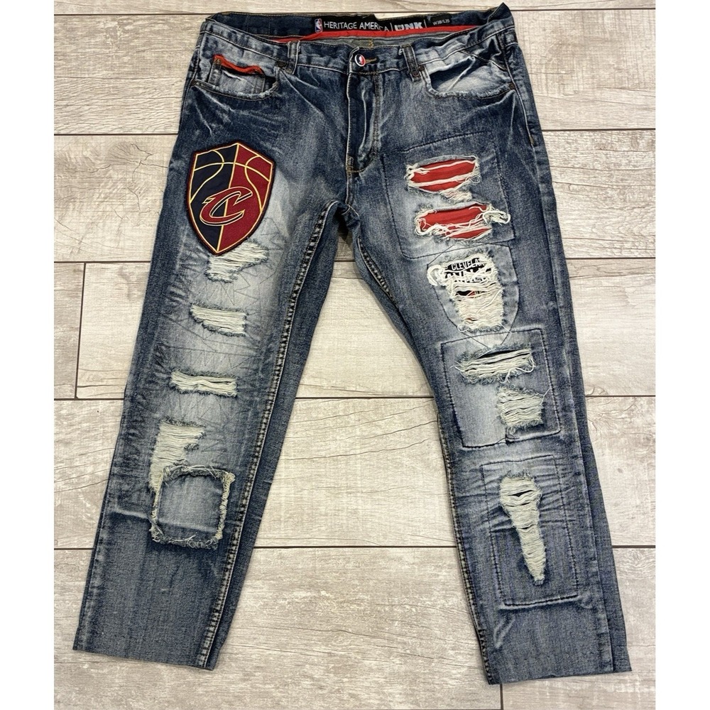 Vtg UNK Heritage‎ America NBA Cleveland Cavaliers Distressed Patch Jeans 38x27